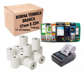 KIT 12 ROLOS BOBINAS TRMICA 57X22 BRANCA MAQUINAS DE CARTO - THEGA